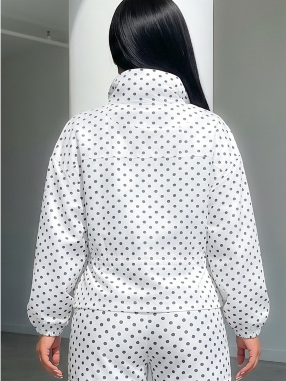 Polka Dot Drawstring Waist Jacket - White/Black J-73198 - Picture 2 of 2